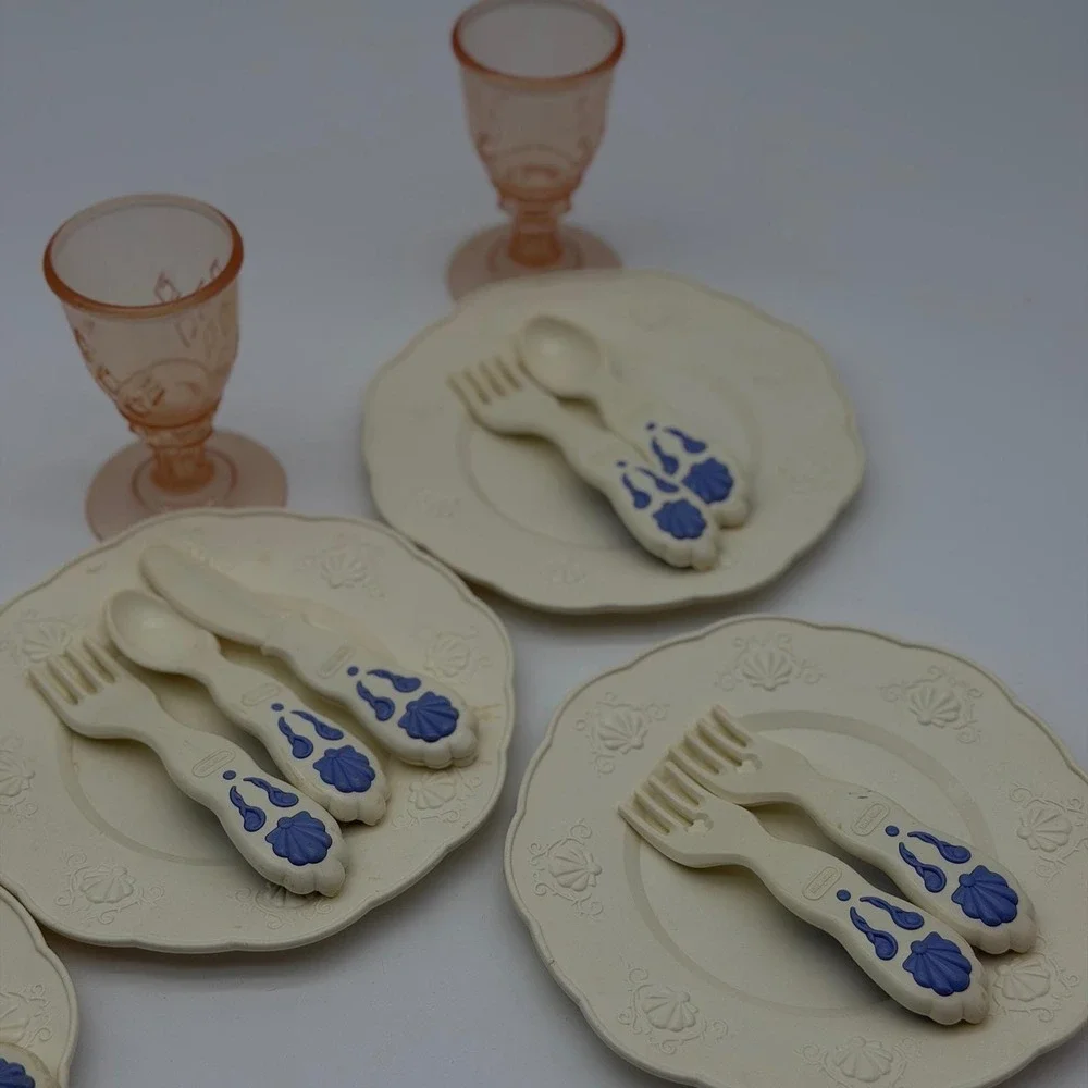 Vintage Little Tikes Toy Dish Set Plates Goblets Utensils Cream Blue Pink 17pc